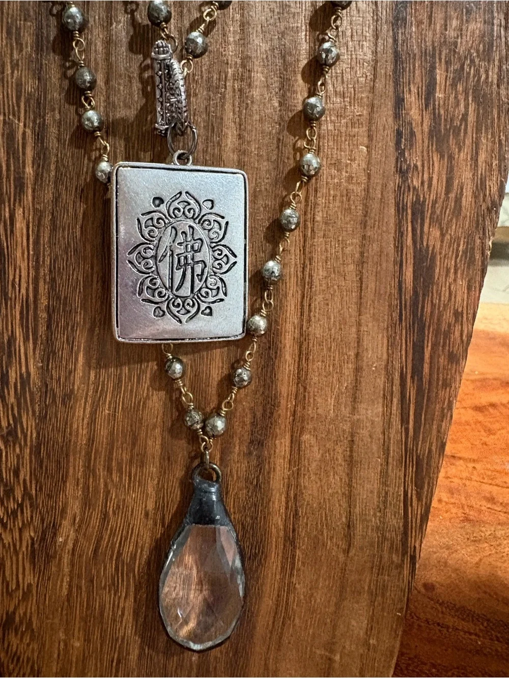 Layered Brown Bead Pendant Necklace with Clear Teardrop & Budha pendant set - Picture 5 of 6